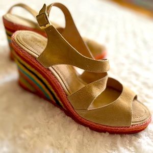Palomitas beige suede wedge sandals with rainbow wrap heel size 8